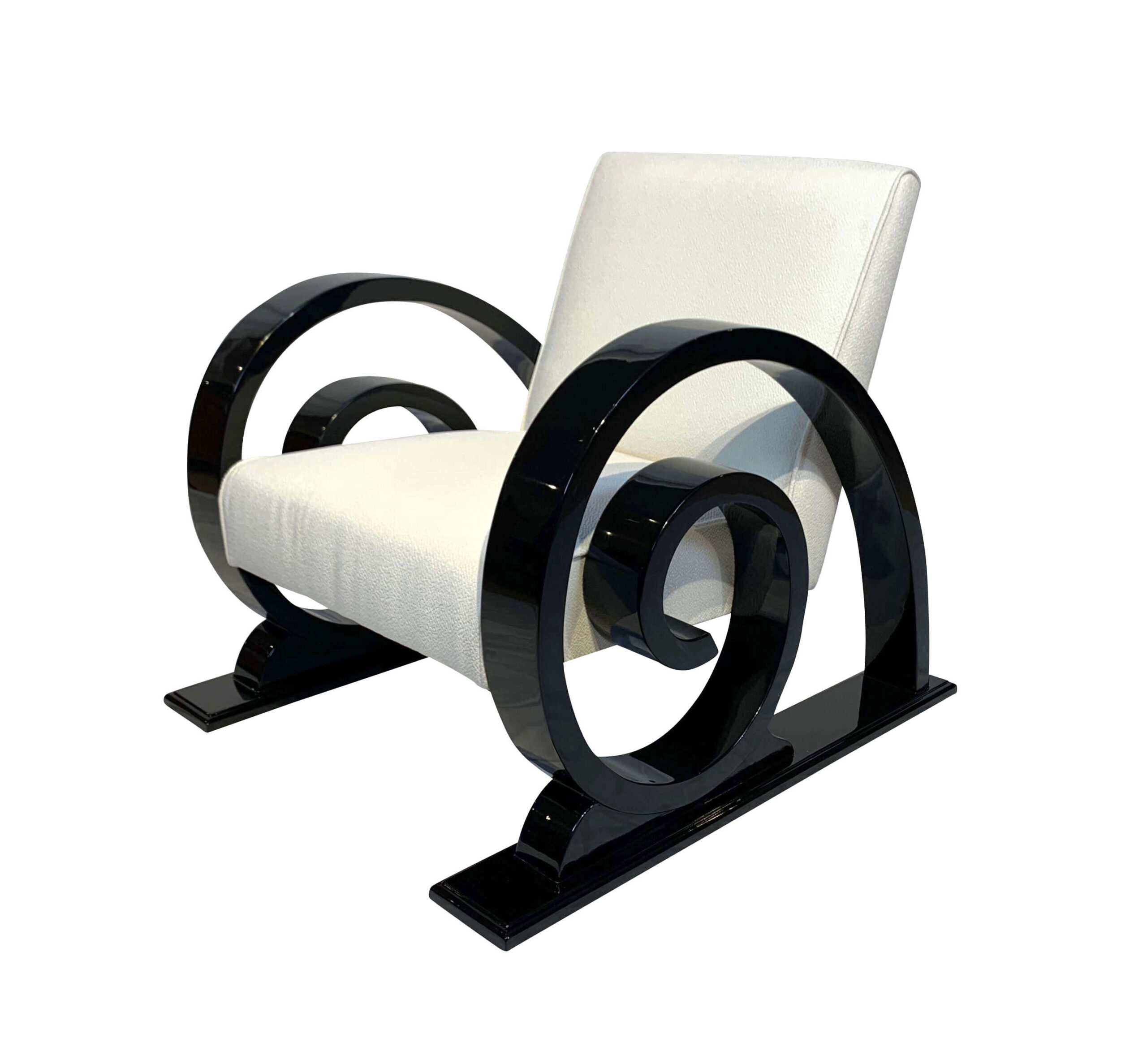 4er Satz Art Deco Club Chairs, Voluten, Spiralen, Schnecken, schwarz lack, creme Stoff.10