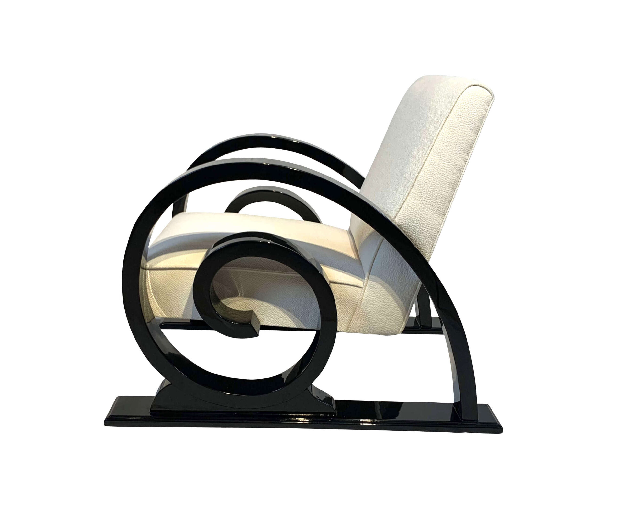 4er Satz Art Deco Club Chairs, Voluten, Spiralen, Schnecken, schwarz lack, creme Stoff.11