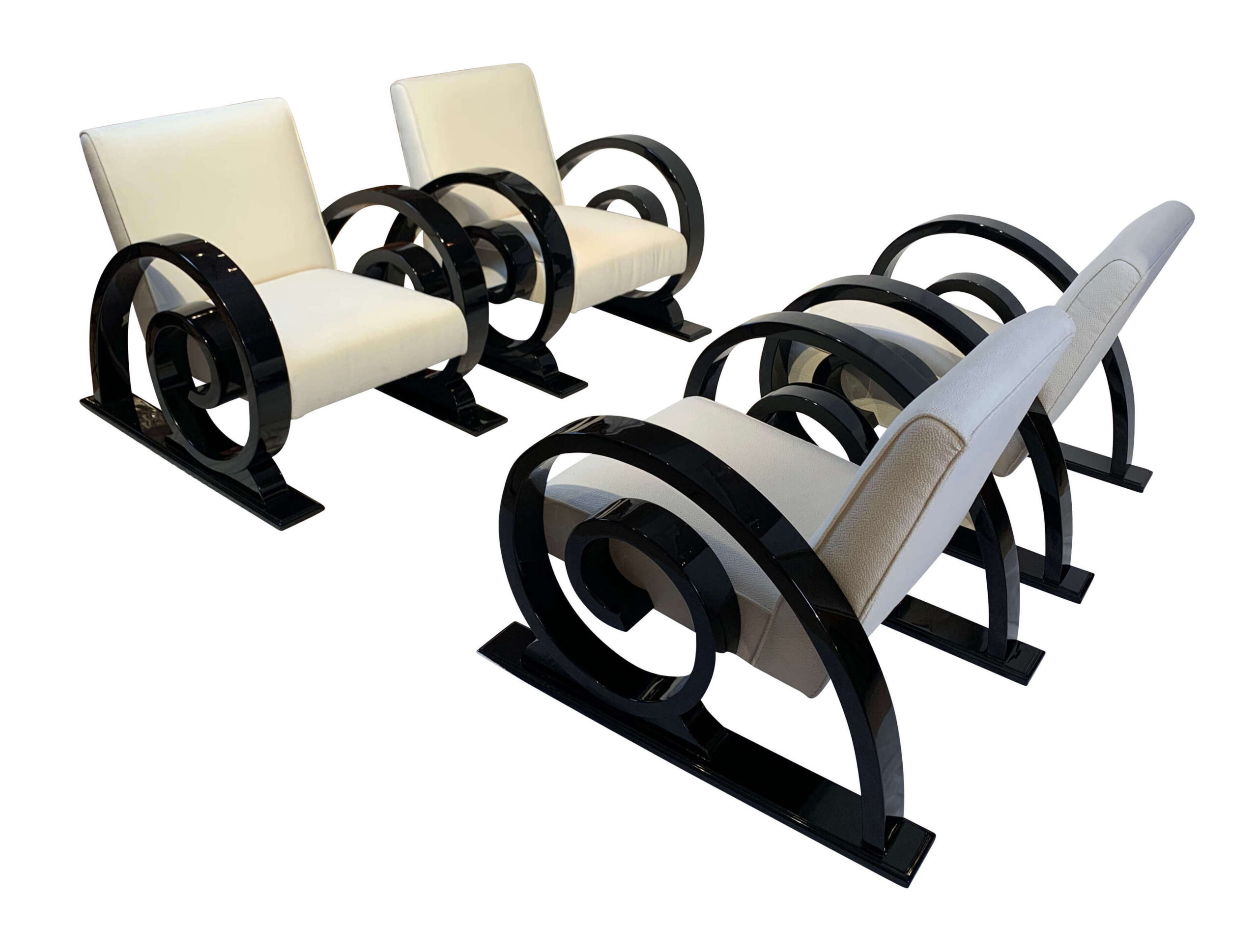 4er Satz Art Deco Club Chairs, Voluten, Spiralen, Schnecken, schwarz lack, creme Stoff.2