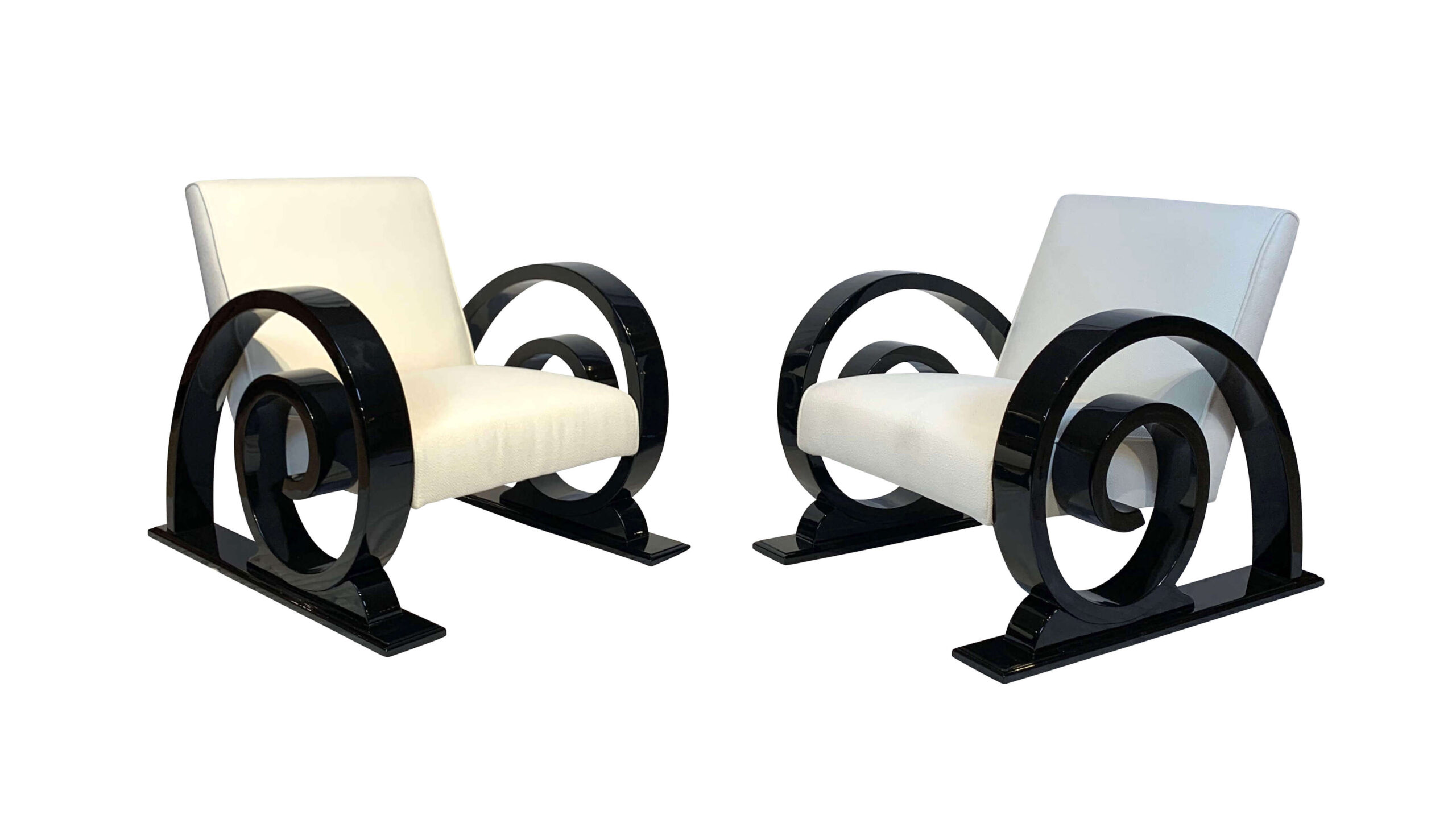 4er Satz Art Deco Club Chairs, Voluten, Spiralen, Schnecken, schwarz lack, creme Stoff.5
