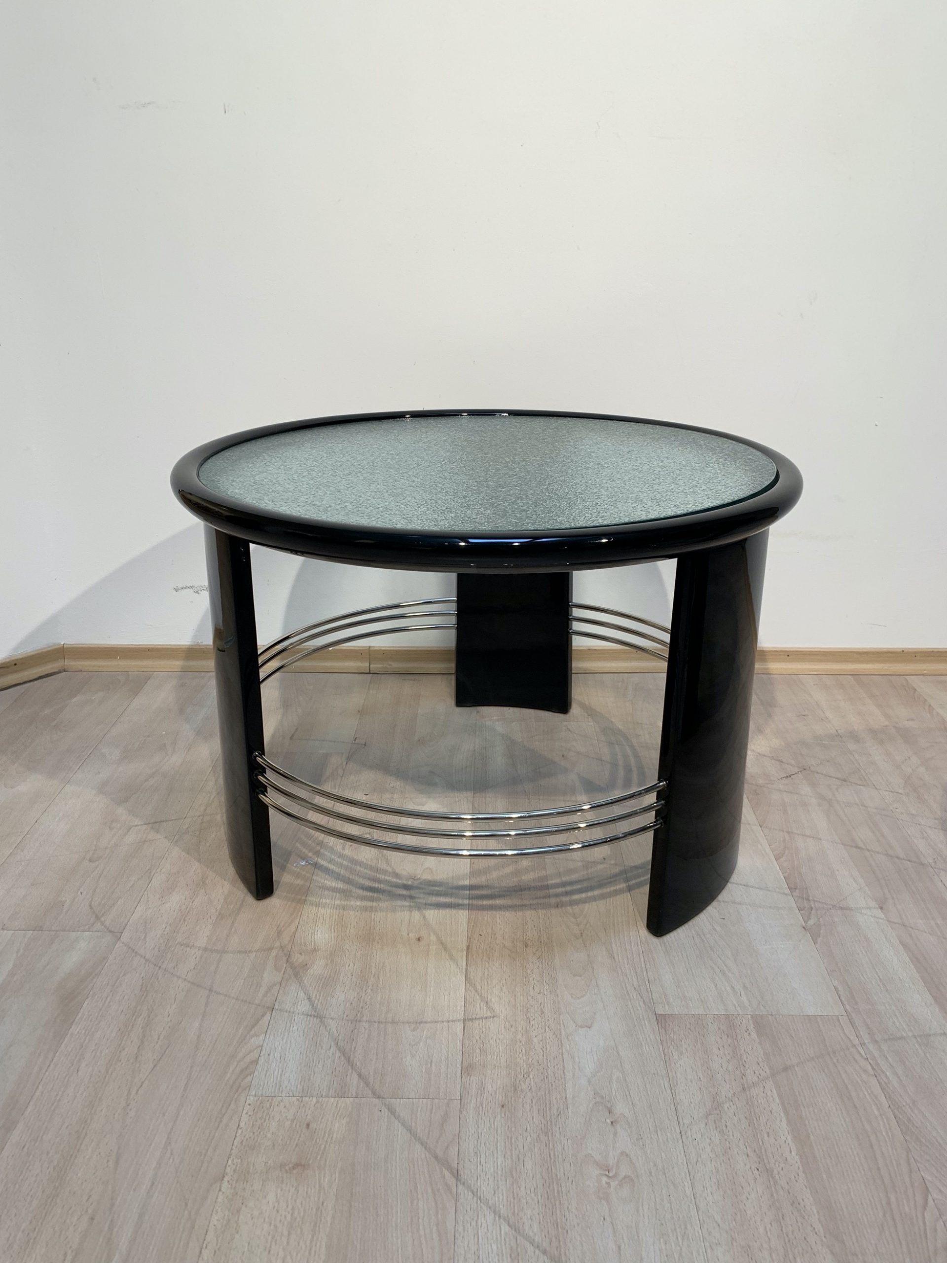 Art Deco Sofatisch Schwarzer Klavierlack, Chrom und Glas
