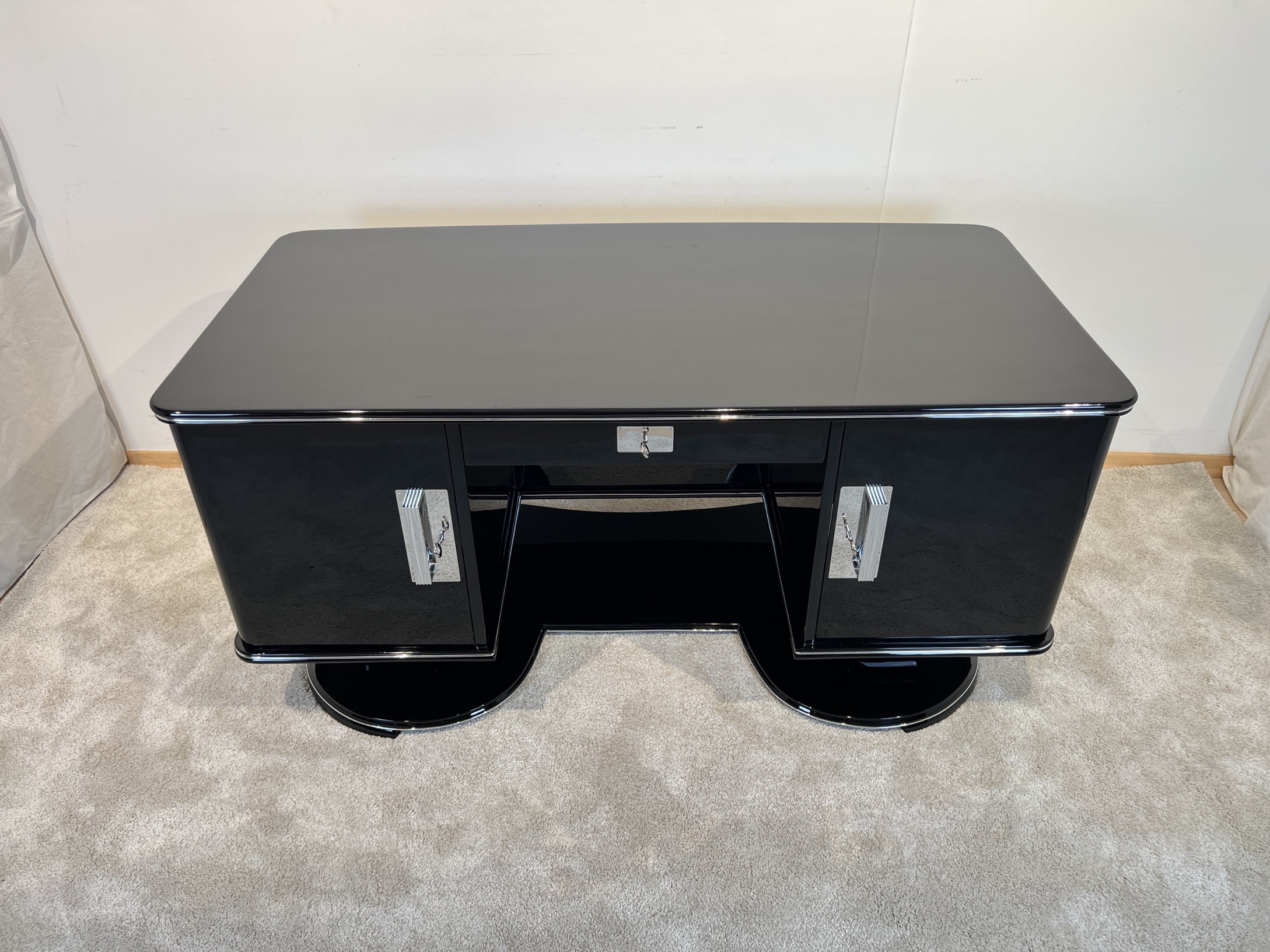 Art Deco Schreibtisch, Schwarzlack, Chrom 2