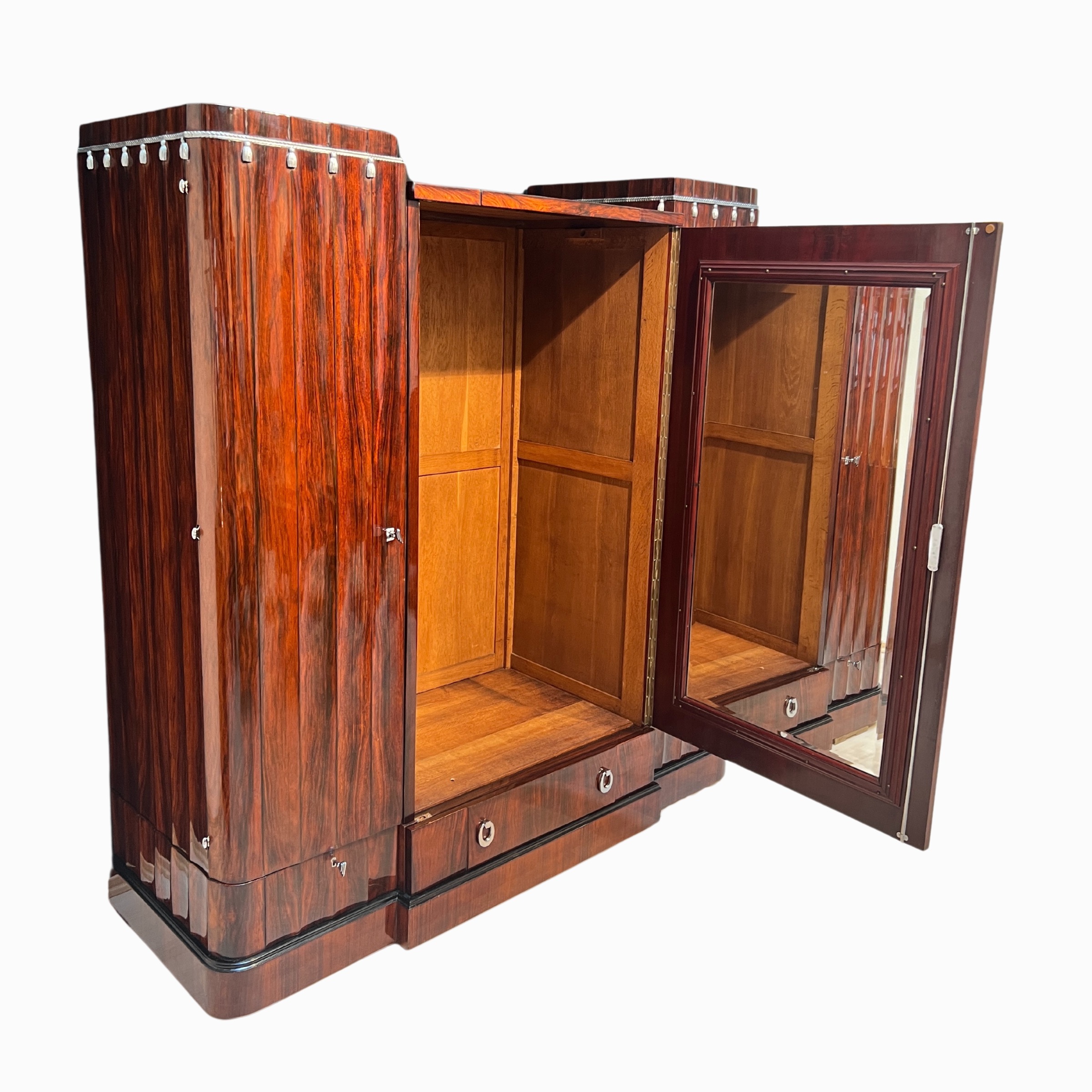 Offen - Art Deco Schrank, Palisander, Eiche, Silber und Chrom, Frankreich um 1930