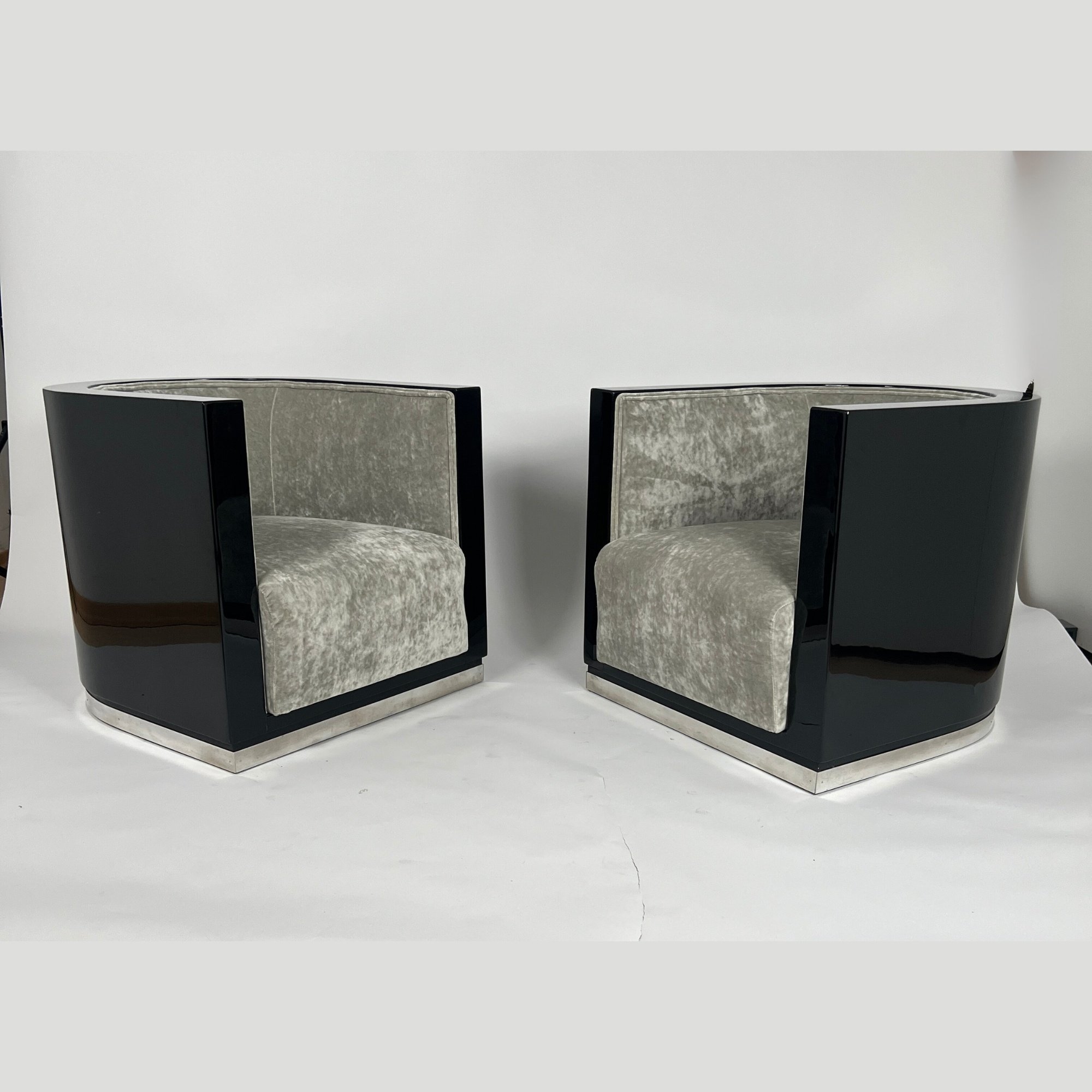 Paar Art Deco Club Sessel, Schwarzlack, Grauer Samt, Frankreich um 1930