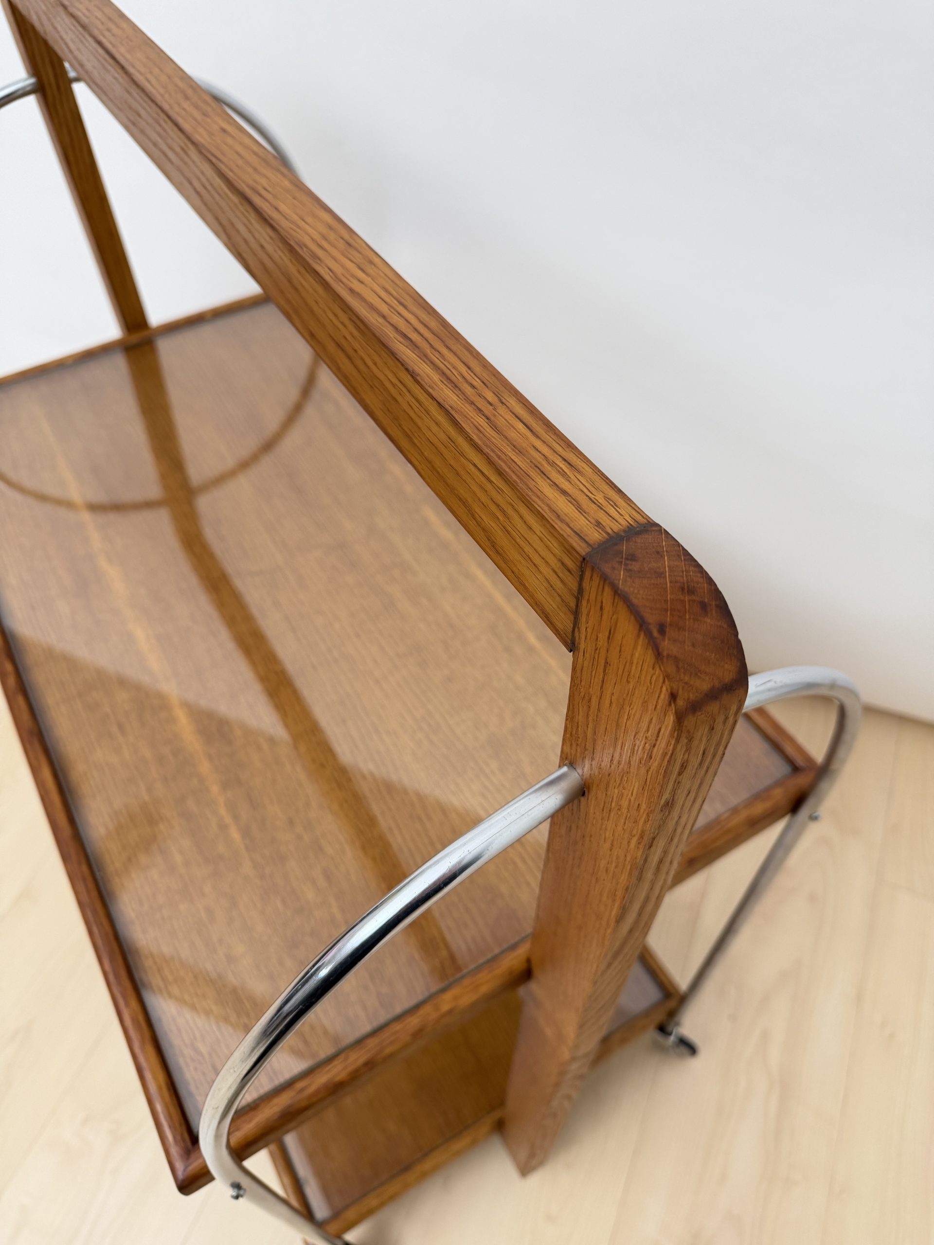 Details von Französischem Art Deco Servierwagen in Eiche, um 1930