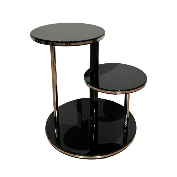 Art Deco Beistelltisch, Blumentisch, Etagere, Schwarzlack, Chrom
