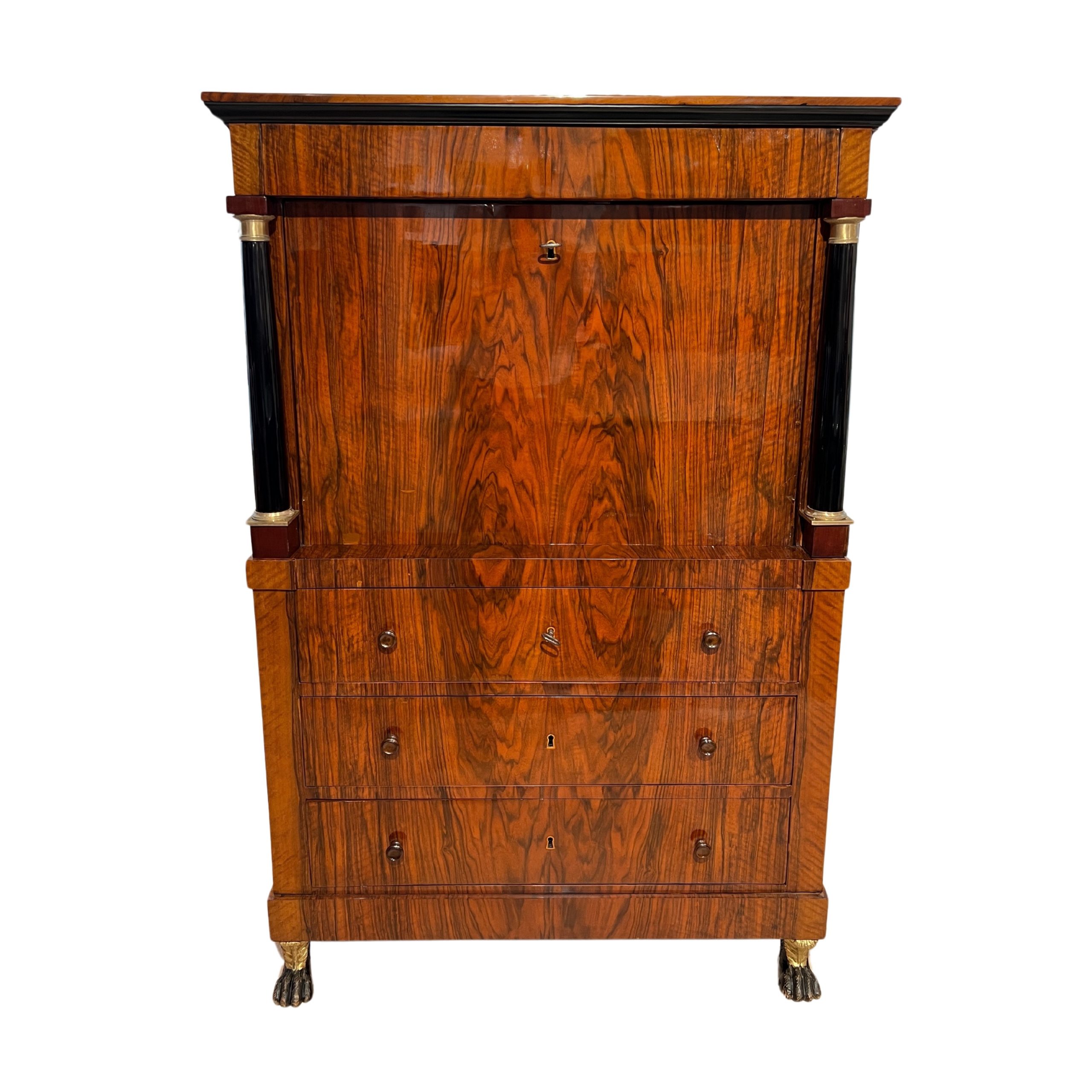 Biedermeier Schreibschrank, Nussbaum, Ahorn, Tatzenfüße, Österreich um 1820