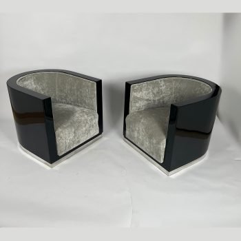 Paar Art Deco Club Sessel, Schwarzlack, Grauer Samt, Frankreich um 1930