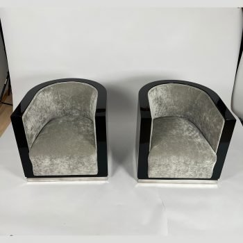 Paar Art Deco Club Sessel, Schwarzlack, Grauer Samt, Frankreich um 1930