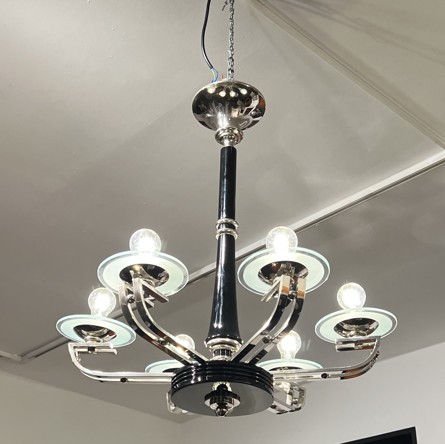 Art Deco Deckenlampe, Schwarzlack, Chrom, Glas.6