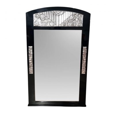 Art Deco Wandspiegel, Schwarzlack und Blattsilber