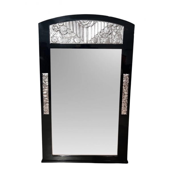 Art Deco Wandspiegel, Schwarzlack und Blattsilber