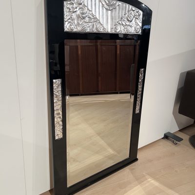 Art Deco Wandspiegel, Schwarzlack und Blattsilber