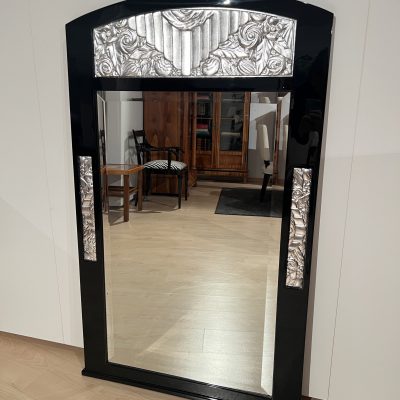 Art Deco Wandspiegel, Schwarzlack und Blattsilber