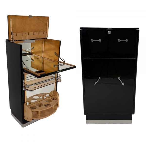 Drehbarer Art Deco Barschrank in Schwarzlack mit Chrom