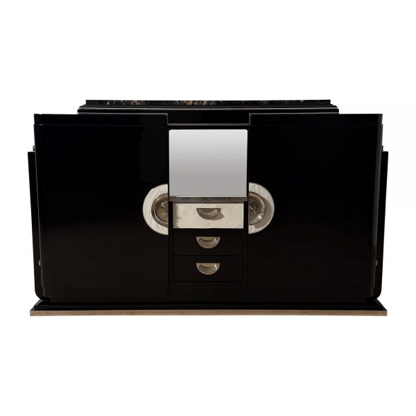 Art Deco Sideboard, Levitan, Paris, Black Lacquer, Marble and Parchment
