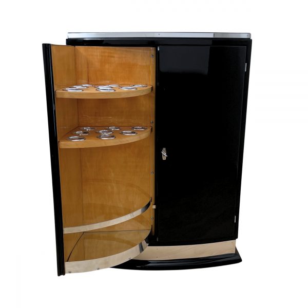 Art Deco Barschrank, Schwarzlack, Ahorn, Metall, 1930